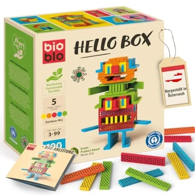 Image of bioblo Hello Box Rainbow Mix with 100 building blocks Sustainable for children aged 3 and over Wooden blocks, Educational children&#039;s toys STEM Montessori toy