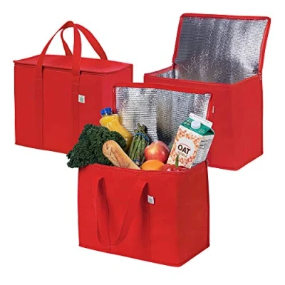 Image of VENO 3 Pack Insulated Reusable Grocery Shopping Bag, Food Delivery, Cooler Heavy Duty, Large Size, Durable Handles, Dual Tab Zips, Lid, Stands Upright, Collapsible, Sustainable (Red, Pack)
