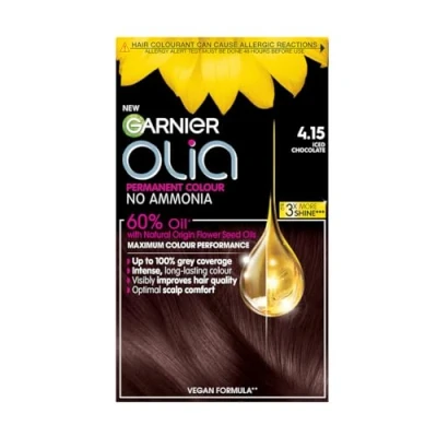 Image of Garnier Olia 4.15 Iced Chocolate Brown Permanent Hair Dye, Up to 100% Grey Coverage, Visibly Improved Quality, 3X More Shine, No Ammonia &amp; 60% Oil Powered Formula