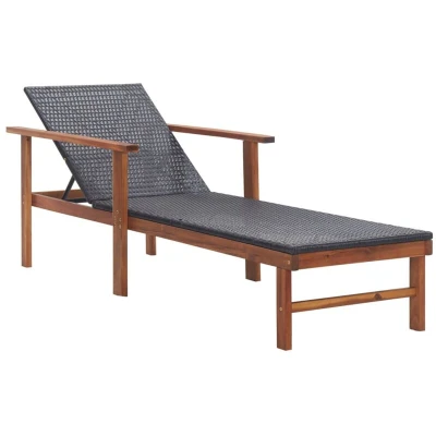 Image of vidaXL Sun Lounger Poly Rattan and Solid Acacia Wood Black