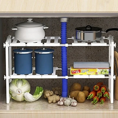 Image of Shoze 2 Tier Under Sink Unit Shelf 50cm 70cm Organiser Storage Extendable Multi Purpose Tidy Multifunctional Bathroom Kitchen Adjustable Rack White