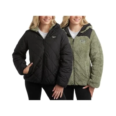 Image of Reebok Women&#039;s Puffer Jacket Quilted Reversible to Faux Fleece Insulated Winter Jackets for Women (S XL), Black, S