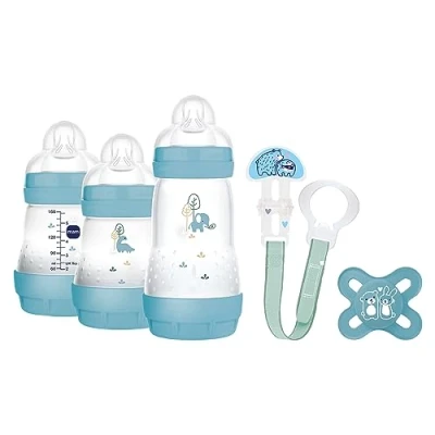 Image of MAM Welcome to The World Gift Set with 3 Anti Colic Bottles, Dummy, Dummy Clip, Light Blue
