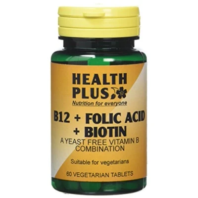 Image of Health Plus B12 + Folic Acid Biotin Vitamin B Supplement 60 Tablets