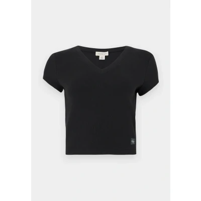 Image of Calvin Klein Jeans Woven Label V NECK TEE Basic Tshirt, Women&#039;s, Size: 3XS, Black
