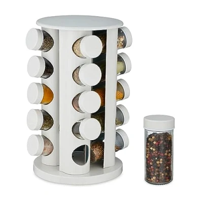 Image of Relaxdays Spice Rack, Rotating, Carousel, with 20 Glass Jars, HxD 33.5 x 19cm, Stainless Steel, 360 Swivel, White, 19 cm