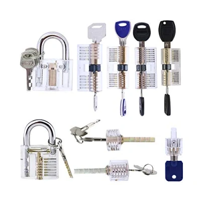 Image of Loboo Idea 9 Piece Practice Lock Set for Beginner and Pro Locksmiths, Pack Clear Padlock Visible Cutaway Keyed Picking Pick