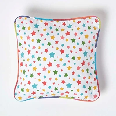 Image of HOMESCAPES 100% Cotton Stars Cushion Cover 30 x cm Square 12 Inches Multi Colour Orange Red Blue Yellow Sofa Pillow Washable