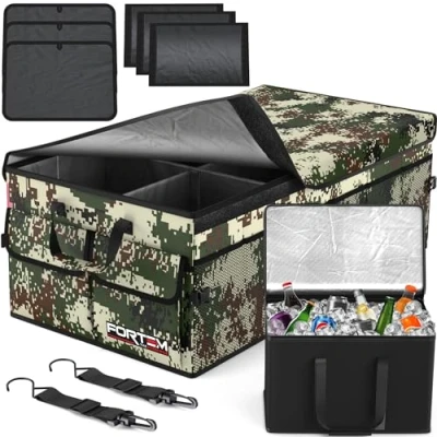 Image of FORTEM Car Boot Organiser, Storage Accessories, Collapsible Multi Compartment Tidy, Non Slip Bottom, Adjustable Securing Straps (Forest, w/Cooler)