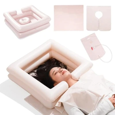 Image of Inflatable Bedside Shampoo Basin Kit with Water Bag, Shower, Shawl, Cushion, Air Pump for Disabled&amp; Elderly Bed Easy, Pregnancy, Bedridden Or Post Surgical Patient, Confined Patient（Set of 6）