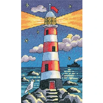 Image of Heritage Crafts Lighthouse by Night Cross Stitch Kit Aida