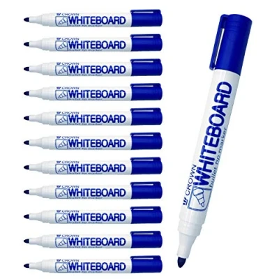 Image of CROWN Drywipe Markers Bullet Tip Pack Of 12 Dry Erase Ink Blue 2mm Line