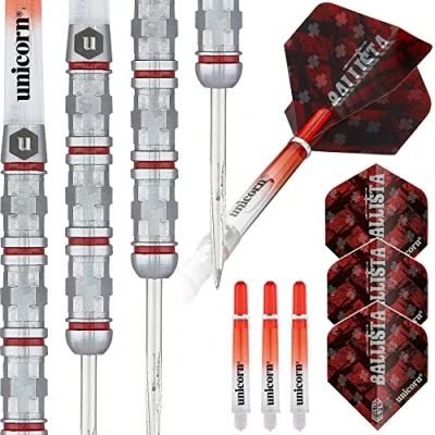 Image of Unicorn Steel Tip Darts Set Ballista Style 4 90% Natural Tungsten Barrels with Red Accents &amp; Volute Points 22 g