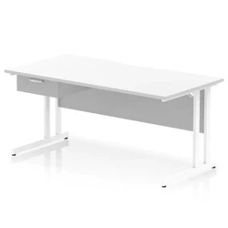 Image of Impulse 1600 x 800mm Scalloped Edge Straight Office Desk White Top Cantilever Leg Workstation 1 Drawer Fixed Pedestal