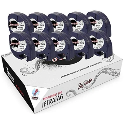 Image of Squuido 10 Black on White Plastic Tapes 12mm x 4m Compatible with LetraTag LT 100H 100T 110T Plus 2000 QX50 XR XM