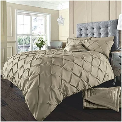 Image of GC GAVENO CAVAILIA Pintuck Single Duvet Cover Set Reversible Pinch Pleat Bedding Polycotton Quilt With Pillowcase Latte