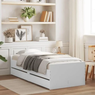 Image of vidaXL Small Single Bed Frame with Drawers Engineered Wood Bedstead, White Finish, Plywood Slats, Storage Solution for Bedroom 75x190 cm