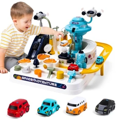 Image of Kids Race Track Toys for Boy Car Adventure Toy 3 4 5 6 7 8 Years Old Boys Girls,Space City Rescue Playsets Magnet Mini Cars, Preschool Educational Games Gift