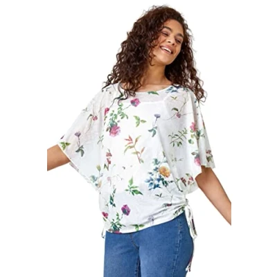 Image of Roman Womens Floral Print Ruched Batwing Top Ivory Size 20 UK