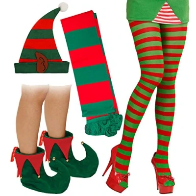 Image of labreeze Ladies Christmas Santa Helper Elf Hat Stripy tights Scarf Shoes Xmas Fancy Dress
