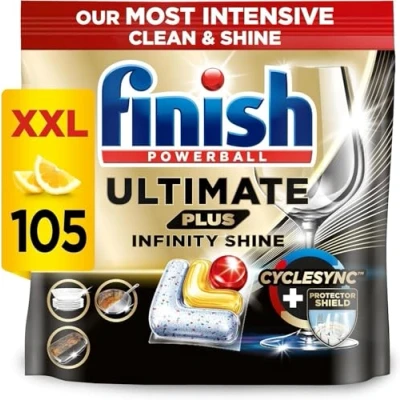 Image of Finish Ultimate Plus Infinity Shine Dishwasher Tablets bulk Scent : Lemon Size: 105 Tabs For Superb Clean and Diamond Shine, packaging may vary