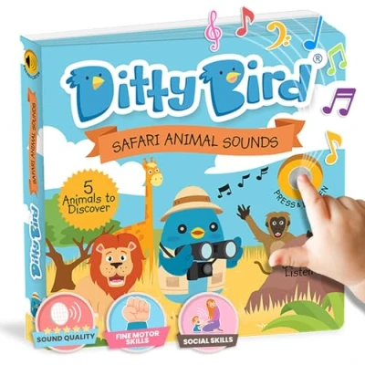 Image of Ditty Bird Safari Book for Toddlers Realistic Animal Sound Interactive Board Books 1 3 Sensory, Musical Lovers Sturdy Nursery Rhyme Toys Baby