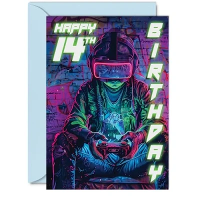 Image of 14th Birthday Cards for Boys Girls Video Game Gamer Happy 14 Card Son Daughter Nephew Niece Grandson, A5 Fourteen Fourteenth Bday Greeting
