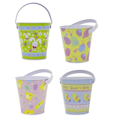 Image of Set of 4 Easter Egg Hunt Bucket Tin Pack Basket Collection With Handle Candy Pail Gifts
