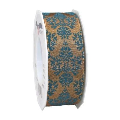 Image of C.E. Pattberg Präsent Brixen Wired &amp; Printed Ribbon Brown Petrol 40 mm width, 20 m length