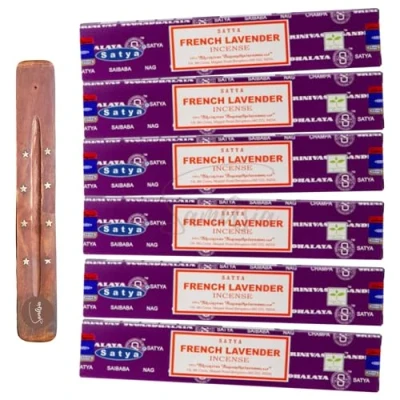 Image of Satya Nag Champa French Lavender incense sticks x6 pack with SAMASIA holder Used for Aromatherapy, Spa, Yoga, Weddings, Meditation, Healing, Positivity and Relaxation