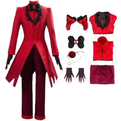 Image of HSJZBQSM Alastor Hazbin Hotel Cosplay Costume with Wig Glasses Red Set Halloween Full (Alastor, XL)