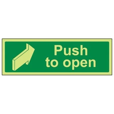 Image of V Safety Glow In The Dark Push To Open Door Sign 450mm x 150mm Self Adhesive Vinyl