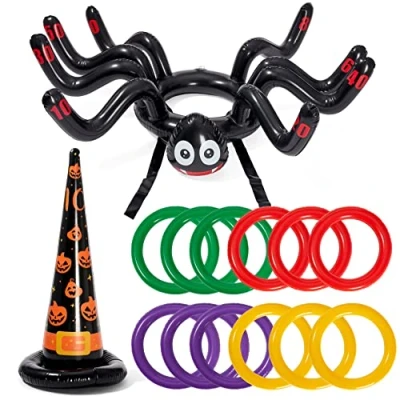 Image of The Twiddlers 2 in 1 Halloween Ring Toss Game Set, Witch and Spider Hat Targets 12 Pc Inflatable Rings for Kids &amp; Adults Party