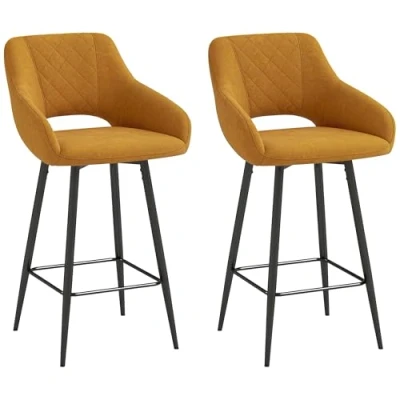 Image of HOMCOM Bar Stools Set of 2, Velvet Touch Fabric Counter Height Chairs, Kitchen with Steel Legs for Dining Area, Island Barstools, Brown