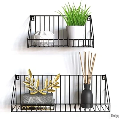 Image of Gadgy Floating Shelves Set of 2 Piece Hanging Wall Shelf Black Metal wire frame Size 45 x 12 15 cm. &amp; 30 Decoration for living room, kitchen and more