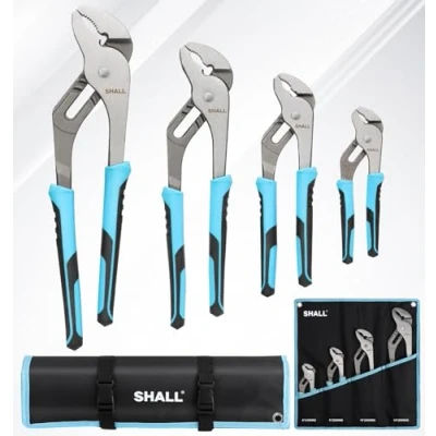 Image of SHALL 4 Piece Groove Joint Pliers Set, 12/10/8/6 Inch Adjustable Water Pump with Cushion Grip, Tongue and w/Tool Roll Bag for Home Repair, Plumbing, Gripping, Nuts, Bolts
