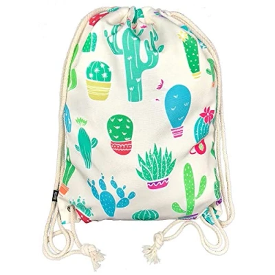 Image of HECKBO gym bag for women &amp; girls made of cotton (beige) printed on both sides with cactus motifs everyday use, travel sports suitable as bag, backpack, shoe