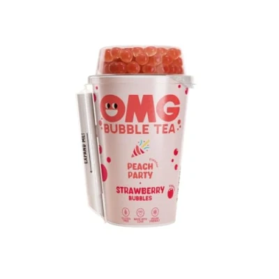 Image of OMG Bubble Tea Real tea, fruit, popping bubbles (Peach Black with Strawberry bubbles, Pack of 10)