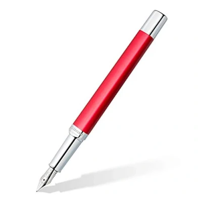 Image of STAEDTLER Triplus 474 F Fountain Pen Roaring Red Premium Quality Metal Casing in Ergonomic Triangular Shape Steel Nib with Blue Ink Cartridge F02 3
