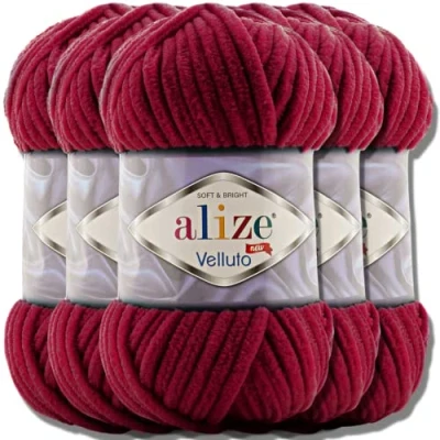 Image of Alize 5 x 100 g Velluto Turkish Wool Super Bulky Chenille Yarn Cuddly Soft Baby Hand Knitting for Crocheting XXL Ball Amigurumi (Cherry 107)