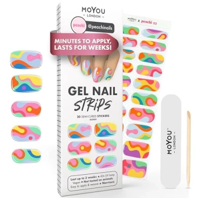 Image of MOYOU LONDON Semi Cured Gel Nail Strips 20 Pcs. Wraps for Salon Quality Manicure Works with Any UV Lamp Easy to Apply, Trim, &amp; Remove Stickers
