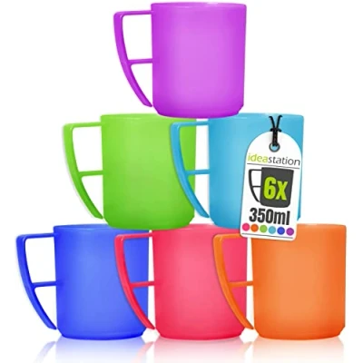 Image of idea station NEO Plastic Mugs 6 x 350 ml Colourful Reusable Camping Mug, Travel Cup Perfect for Hot and Cold Drinks, Coffee Tea Suitable Children Elderly Dishwasher Safe