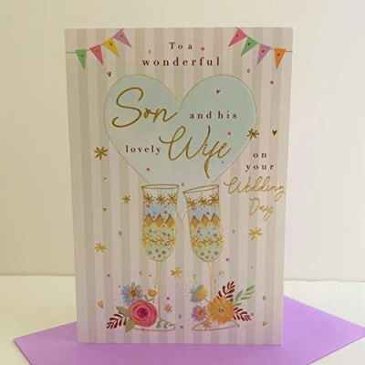 Image of ICG Wonderful Son And Wife On Your Wedding Day Card Champagne Glasses Flowers
