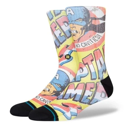 Image of Stance No Cavities Crew Socks Marvel Captain America Yellow Patterned Calf Medium