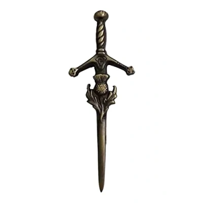 Image of Scottish Thistle Kilt Pin Solid Steel with Brass Antique Finish 4&quot; Highland Pins &amp; Brooches Celtic Knot, Brooches, Swirl Knot Sword Needle Chrome 10cm (Scottish Heritage Pin)