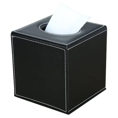 Image of GORESE Leather Cube Square Tissue Box Cover Holder (Black)