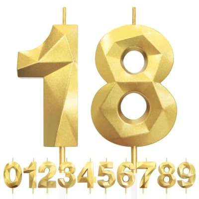 Image of 18th Birthday Candles, Number 18 Candle, Gold Candles for Cake, Diamond 3D Happy Cake Candle Decorations Party Wedding Anniversary Celebration Supplies