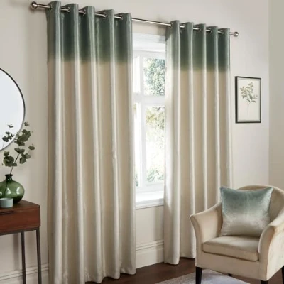 Image of Fusion Green Ombre Curtains W46 x L54 (117 137cm) 2x Panels &amp; Natural Two Tone Gradient Eyelet Luxury Shimmer Drapes for Bedroom/Living Room