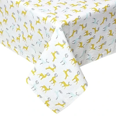 Image of HOMESCAPES Yellow &amp; Grey Christmas Tablecloth 100% Cotton 4 Seater Table Cloth 137 x cm Square “Majestic Stag Xmas Pattern