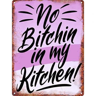Image of Grindstore No Bitchin In My Kitchen! Mini Tin Sign Purple 15 x 20cm